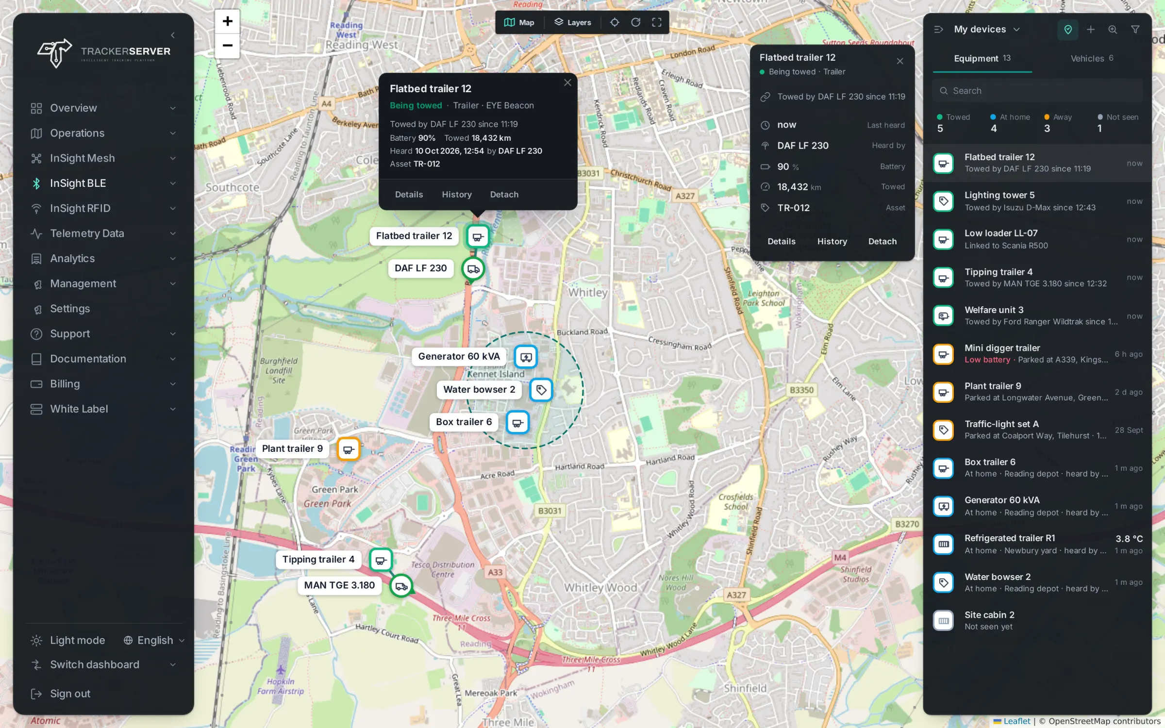 A trailer shown on the live map with the vehicle that is towing it